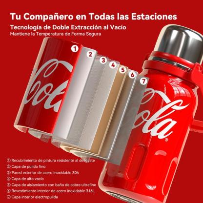 Coca-Cola Termo para Camping, Botella Térmica Portátil de 40oz con Correa y Asa, Termo Aislante de Viaje de Acero Inoxidable 316, Botella para Agua Mantiene el Frío hasta 72 Horas o el Calor hasta 48 Horas, 100% A Prueba de
